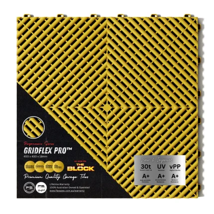 GridFlex Pro Canary Yellow modular garage floor tile highlighting 30t load rating, UV resistance, and lifetime warranty features.