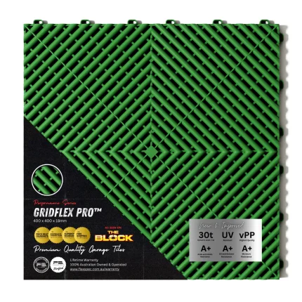 GridFlex Pro Grass Green modular garage floor tile highlighting 30t load rating, UV resistance, and lifetime warranty features.