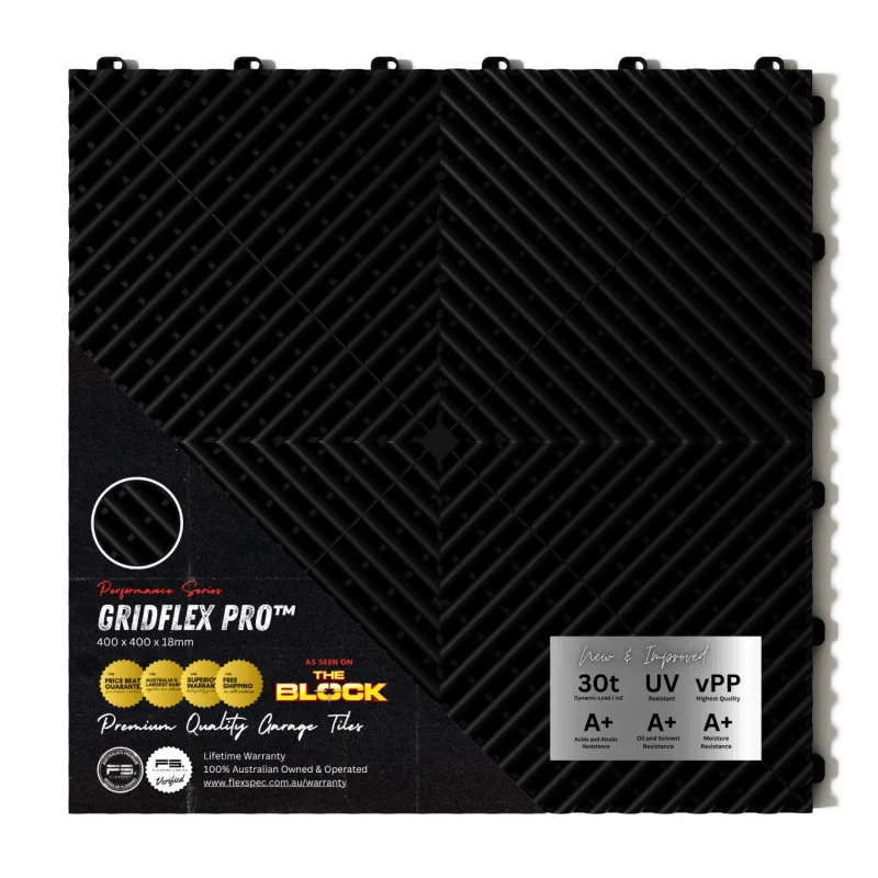 GridFlex Pro Jet Black modular garage floor tile highlighting 30t load rating, UV resistance, and lifetime warranty features.
