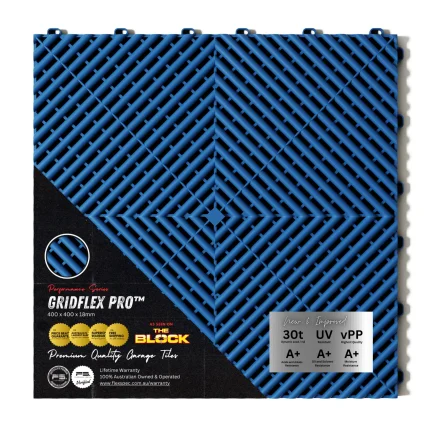 GridFlex Pro Royal Blue modular garage floor tile highlighting 30t load rating, UV resistance, and lifetime warranty features.