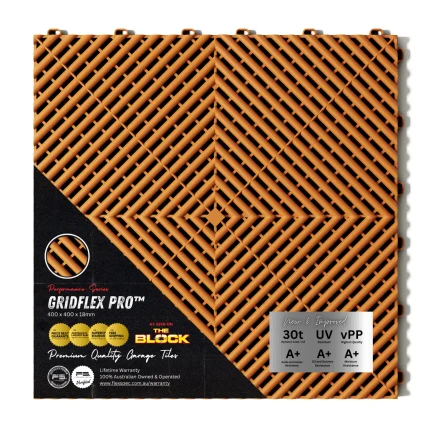 GridFlex Pro Tropical Orange modular garage floor tile highlighting 30t load rating, UV resistance, and lifetime warranty features.