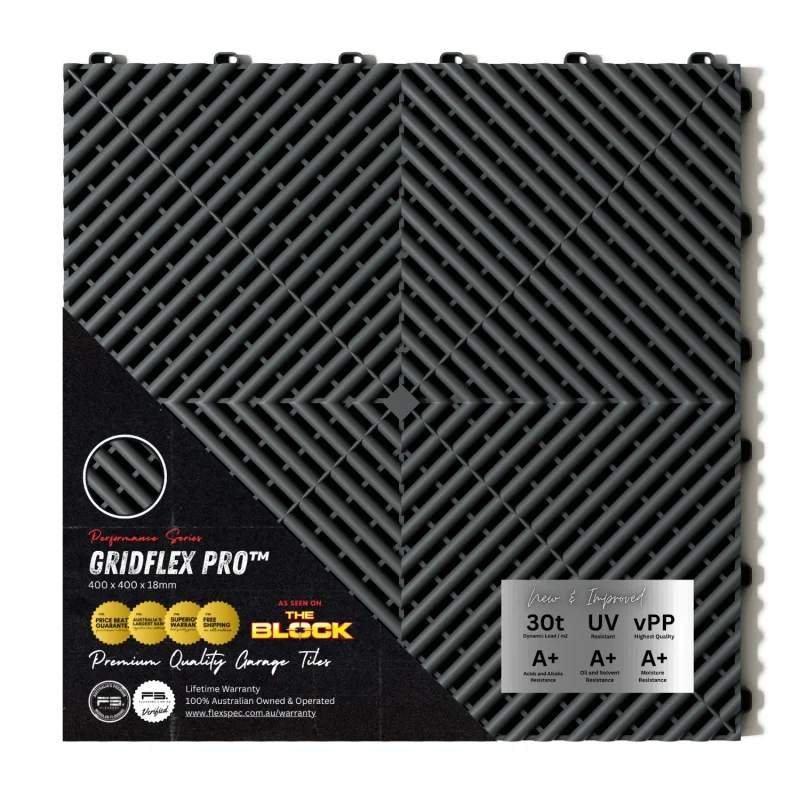 GridFlex Pro Slate Grey modular garage floor tile highlighting 30t load rating, UV resistance, and lifetime warranty features.