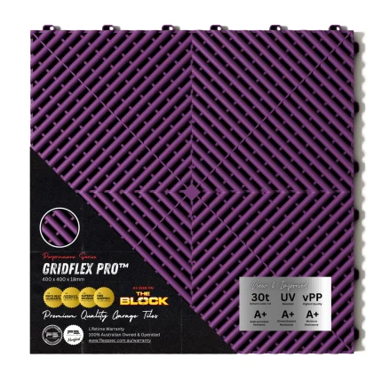 GridFlex Pro Mystic Purple modular garage floor tile highlighting 30t load rating, UV resistance, and lifetime warranty features.