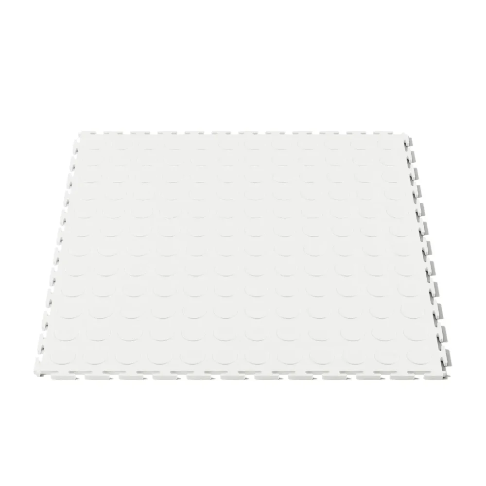 Angled isometric view of a single Flexspec VinylFlex Pro Coin solid PVC commercial floor tile in Arctic White.