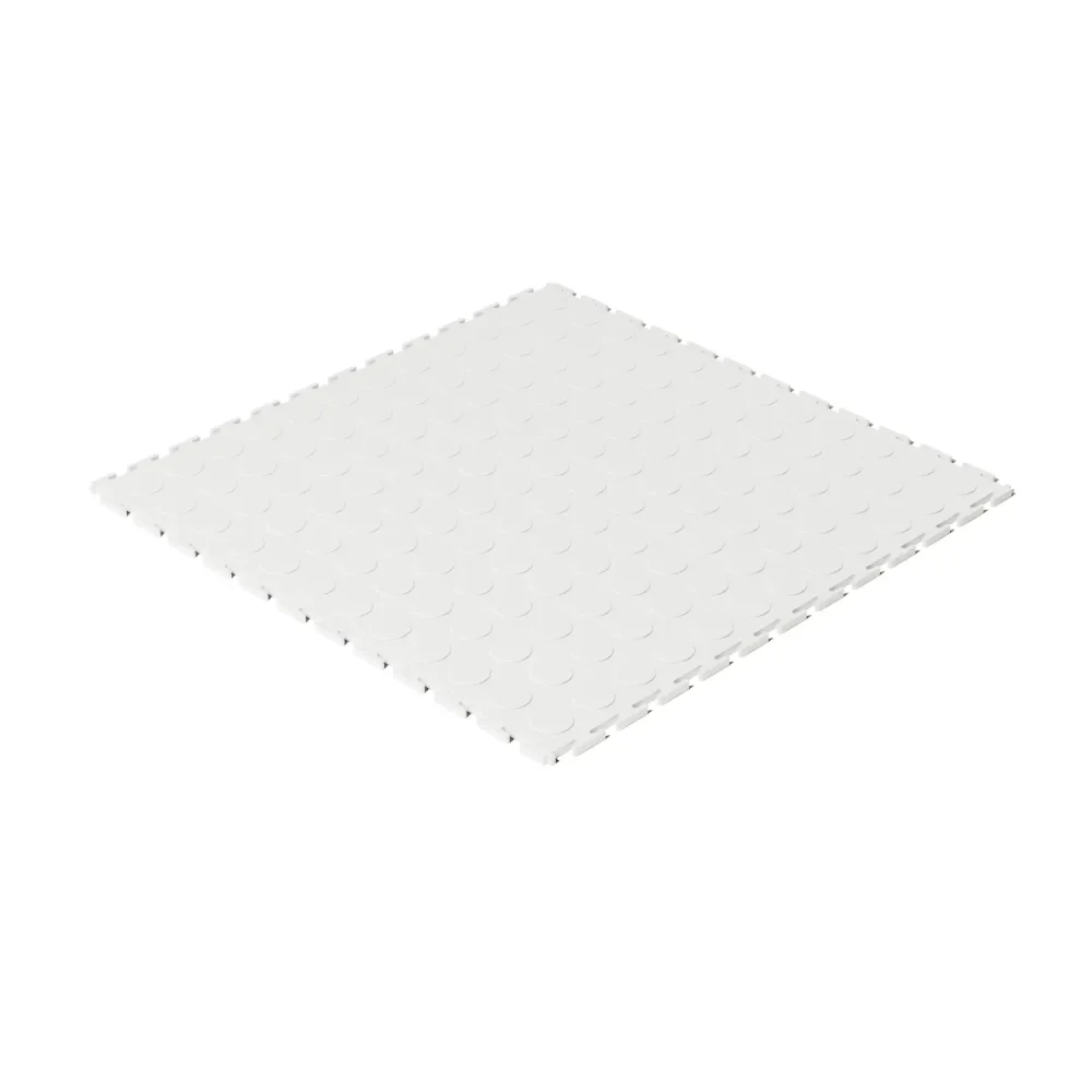 Right-facing angled view of the Flexspec VinylFlex Pro Coin heavy-duty PVC floor tile in Arctic White, highlighting the precision-cut interlocking tabs for seamless commercial installation.