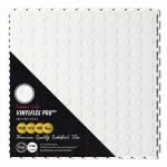 Top view of Flexspec VinylFlex Pro Coin commercial-grade PVC garage floor tile in Arctic White with retail packaging sleeve highlighting its heavy-duty industrial strength.