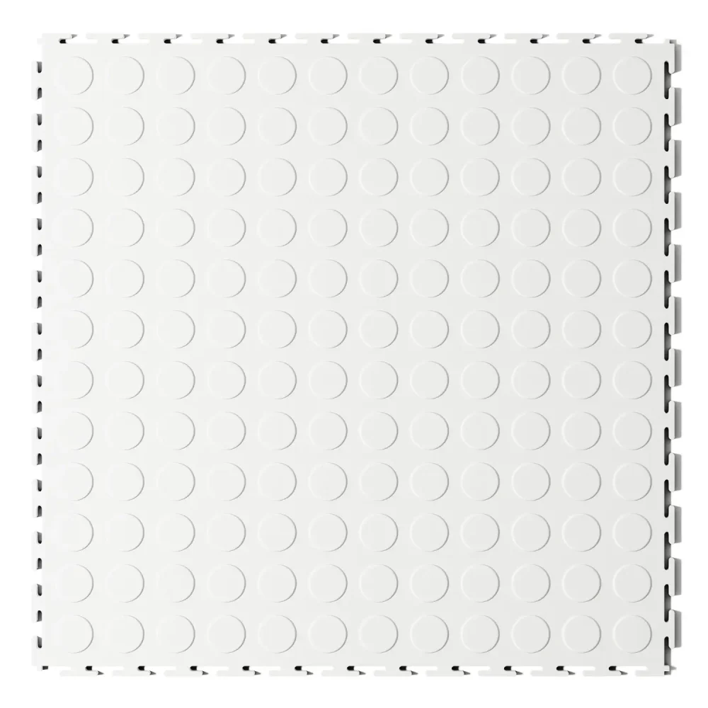 Directly above view of the Flexspec VinylFlex Pro Coin heavy-duty PVC tile in Arctic White, showcasing the high-grip raised coin pattern for commercial workplace safety.