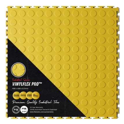 Top view of Flexspec VinylFlex Pro Coin commercial-grade PVC garage floor tile in Canary Yellow with retail packaging sleeve highlighting its heavy-duty industrial strength.