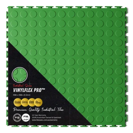 Top view of Flexspec VinylFlex Pro Coin commercial-grade PVC garage floor tile in Grass Green with retail packaging sleeve highlighting its heavy-duty industrial strength.