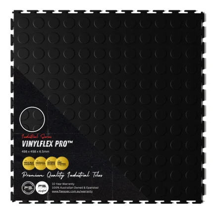 Top view of Flexspec VinylFlex Pro Coin commercial-grade PVC garage floor tile in Jet Black with retail packaging sleeve highlighting its heavy-duty industrial strength.