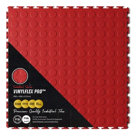 Top view of Flexspec VinylFlex Pro Coin commercial-grade PVC garage floor tile in Racing Red with retail packaging sleeve highlighting its heavy-duty industrial strength.