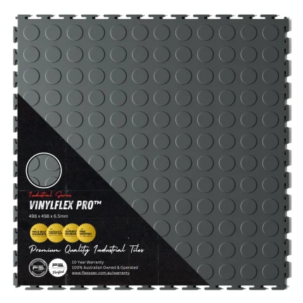 Top view of Flexspec VinylFlex Pro Coin commercial-grade PVC garage floor tile in Slate Grey with retail packaging sleeve highlighting its heavy-duty industrial strength.