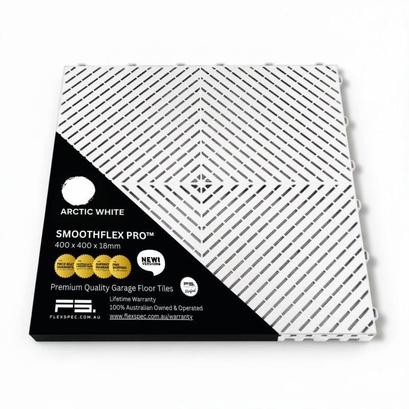Arctic white detailing studio tile packaging showing UV stable warranty and specifications - Flexspec