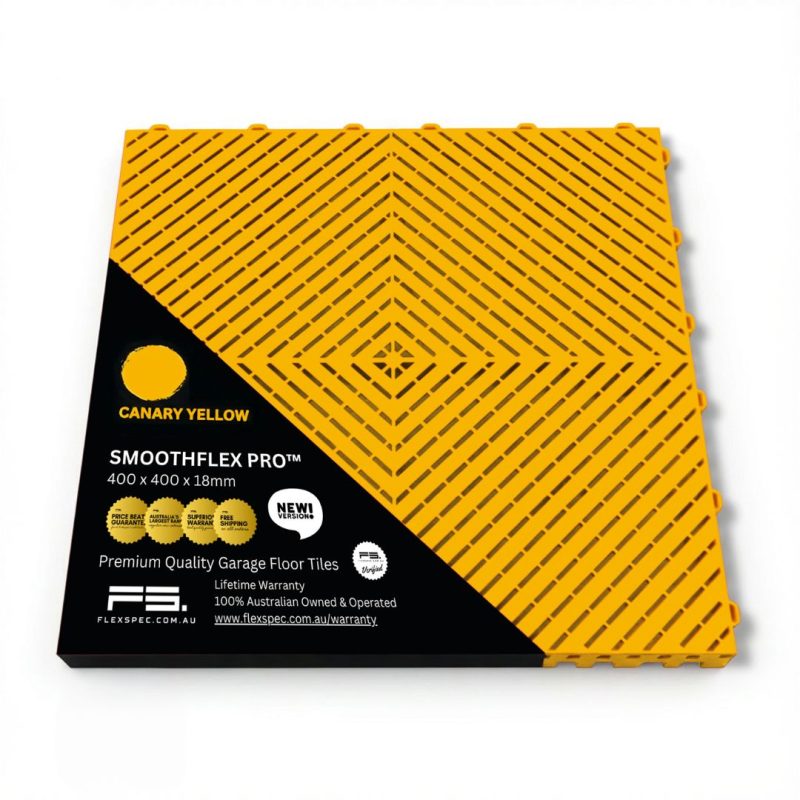 Canary yellow safety border tile packaging with technical specifications - Flexspec