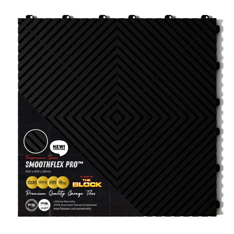 Top view of Flexspec SmoothFlex Pro modular garage floor tile in Jet Black with retail packaging sleeve showing 'As Seen on The Block' and warranty details.