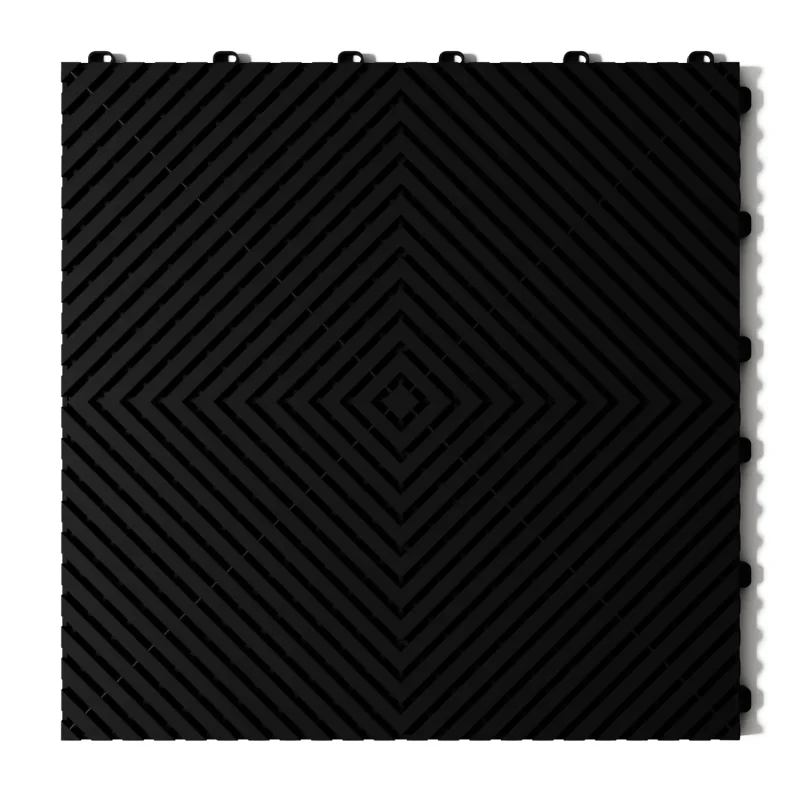 Directly above view of the Flexspec SmoothFlex Pro garage tile in Jet Black, showcasing the concentric square flat-ribbed design and interlocking loop connectors.