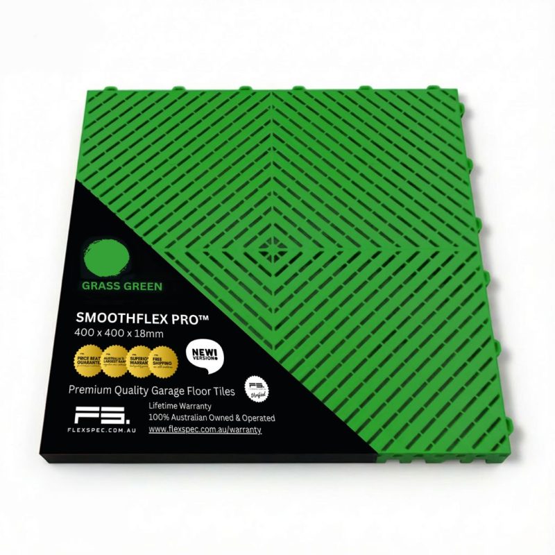 Grass green man cave tile packaging showing eco specs and warranty badges - Flexspec