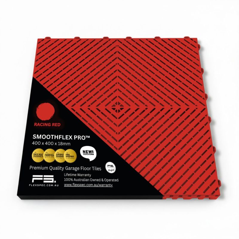 Racing red showroom floor tile packaging showing lifetime warranty and Australian made badges - Flexspec