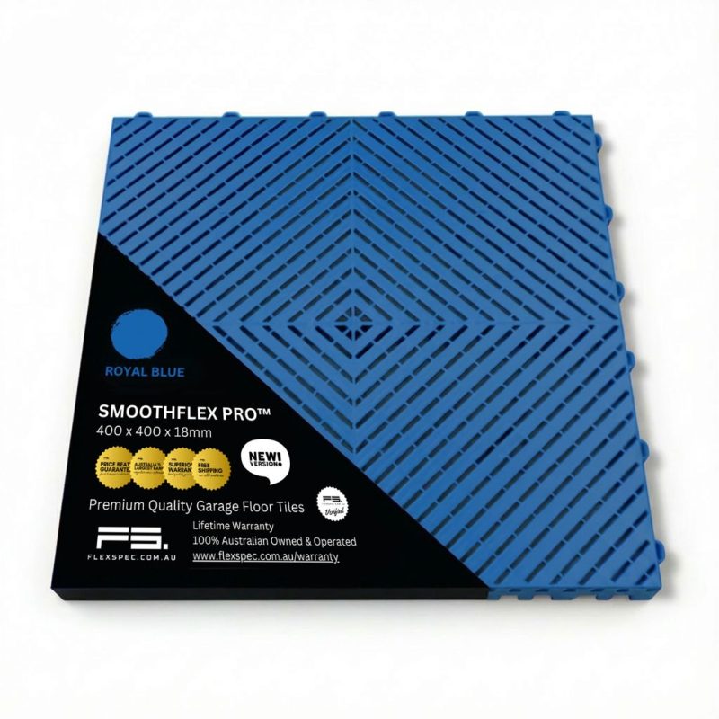 Royal blue garage flooring packaging showing smooth surface specs and warranty badges - Flexspec