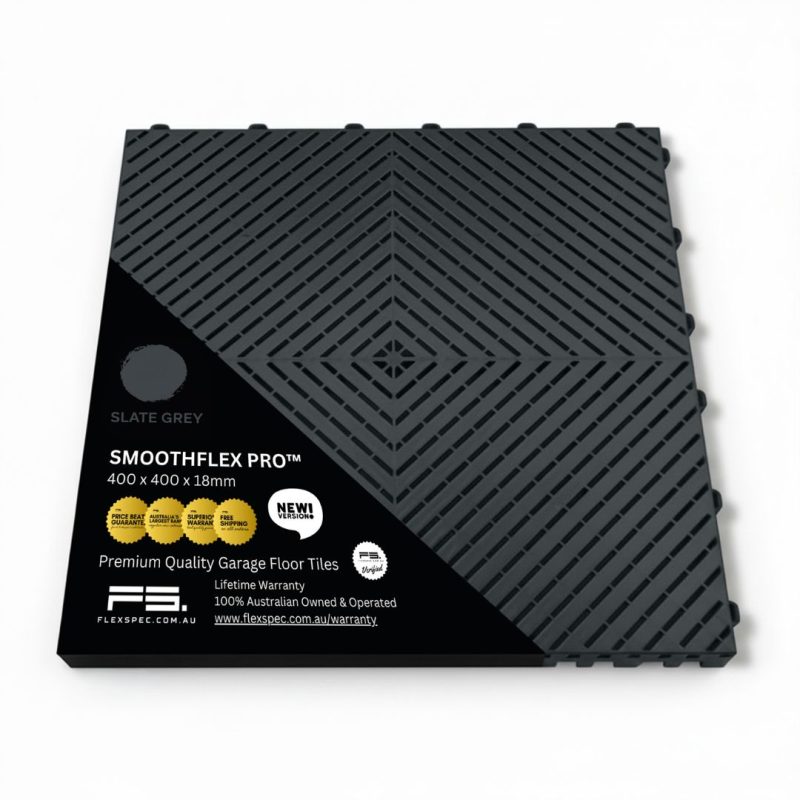 Slate grey workshop tile packaging with technical specs and price beat guarantee badge - Flexspec