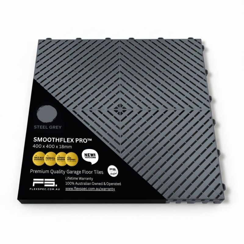 Steel grey silver garage floor tile packaging showing interlocking system and warranty info - Flexspec