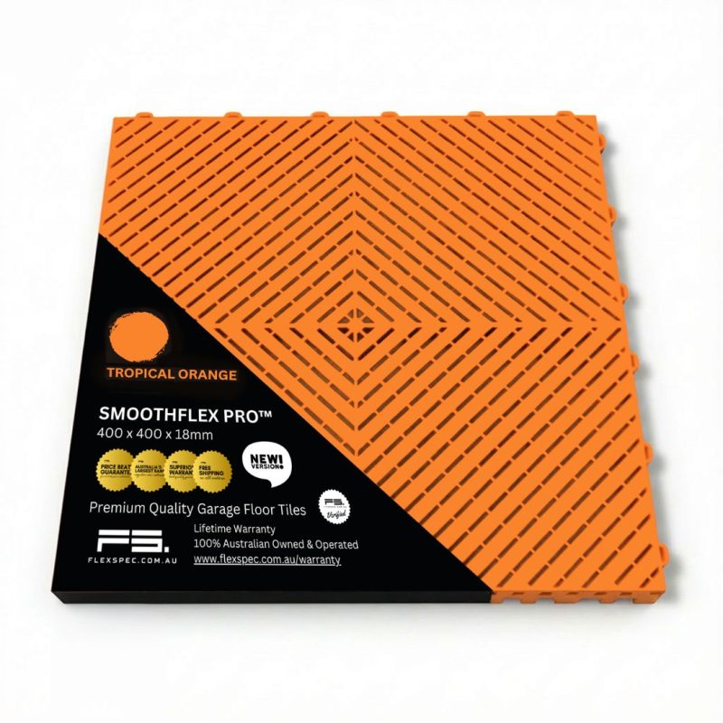 ropical orange feature tile packaging showing heavy duty rating and warranty - Flexspec