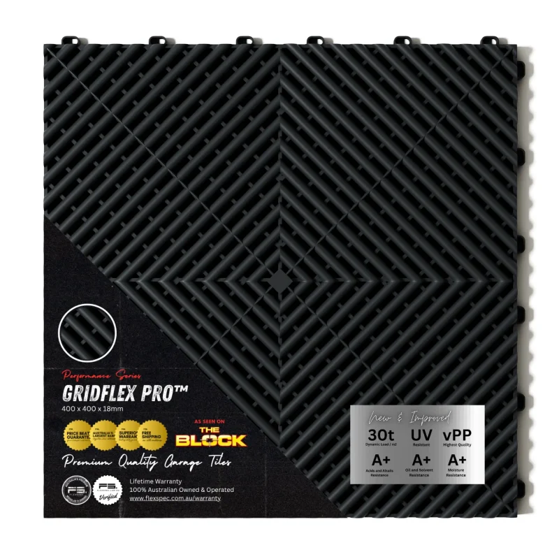 GridFlex Pro Doom Grey modular garage floor tile highlighting 30t load rating, UV resistance, and lifetime warranty features.