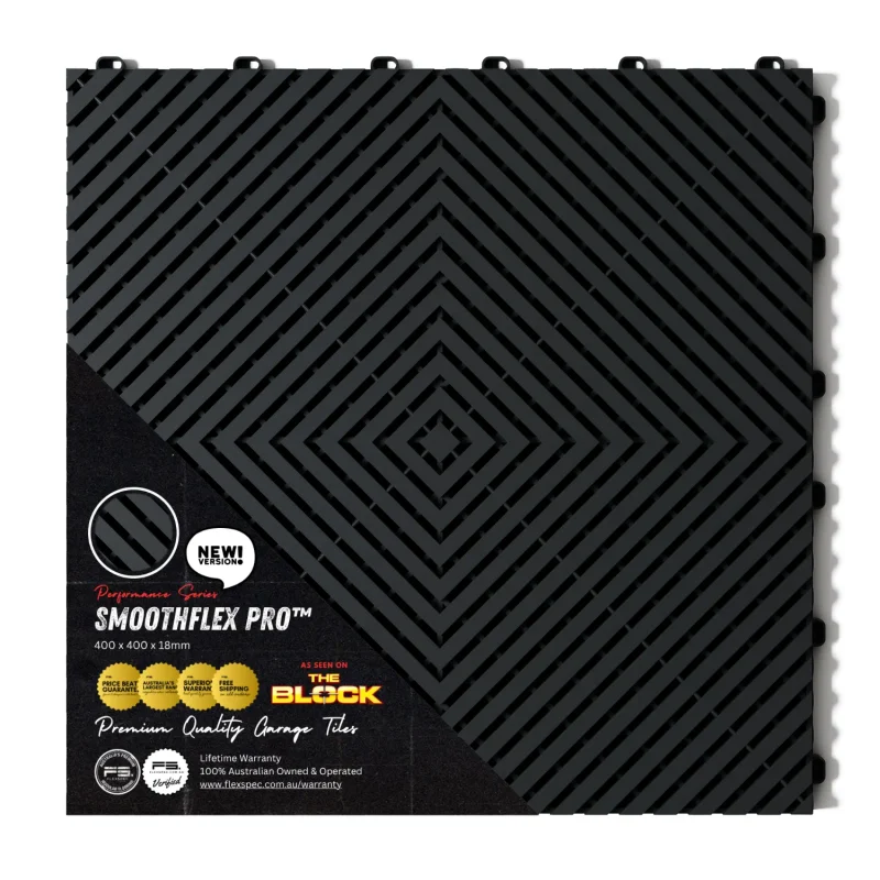 Top view of Flexspec SmoothFlex Pro modular garage floor tile in Doom Grey with retail packaging sleeve showing 'As Seen on The Block' and warranty details.