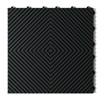 Directly above view of the Flexspec SmoothFlex Pro garage tile in Doom Grey, showcasing the concentric square flat-ribbed design and interlocking loop connectors.
