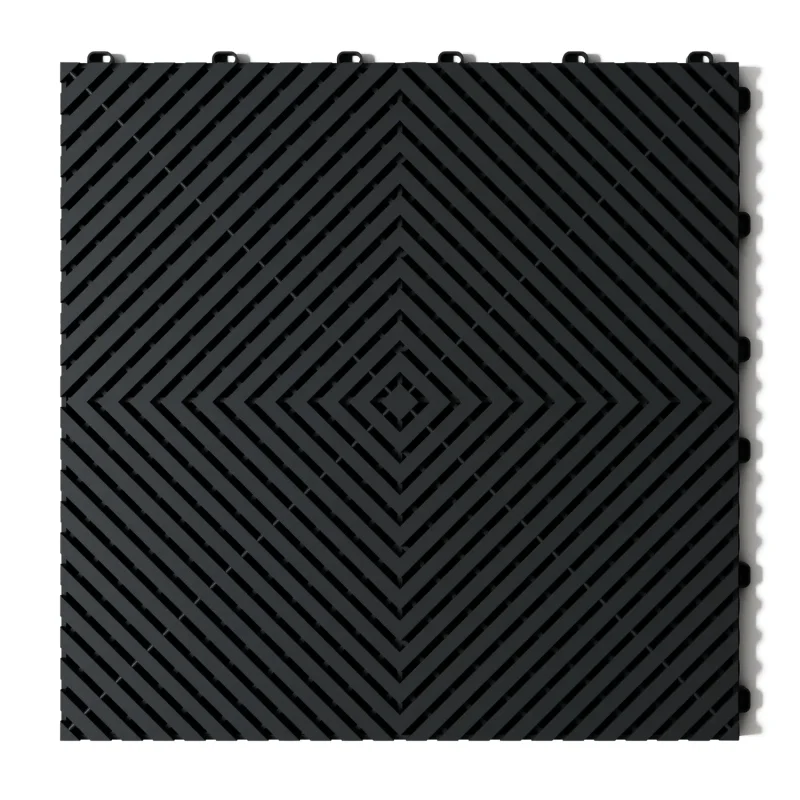 Directly above view of the Flexspec SmoothFlex Pro garage tile in Doom Grey, showcasing the concentric square flat-ribbed design and interlocking loop connectors.